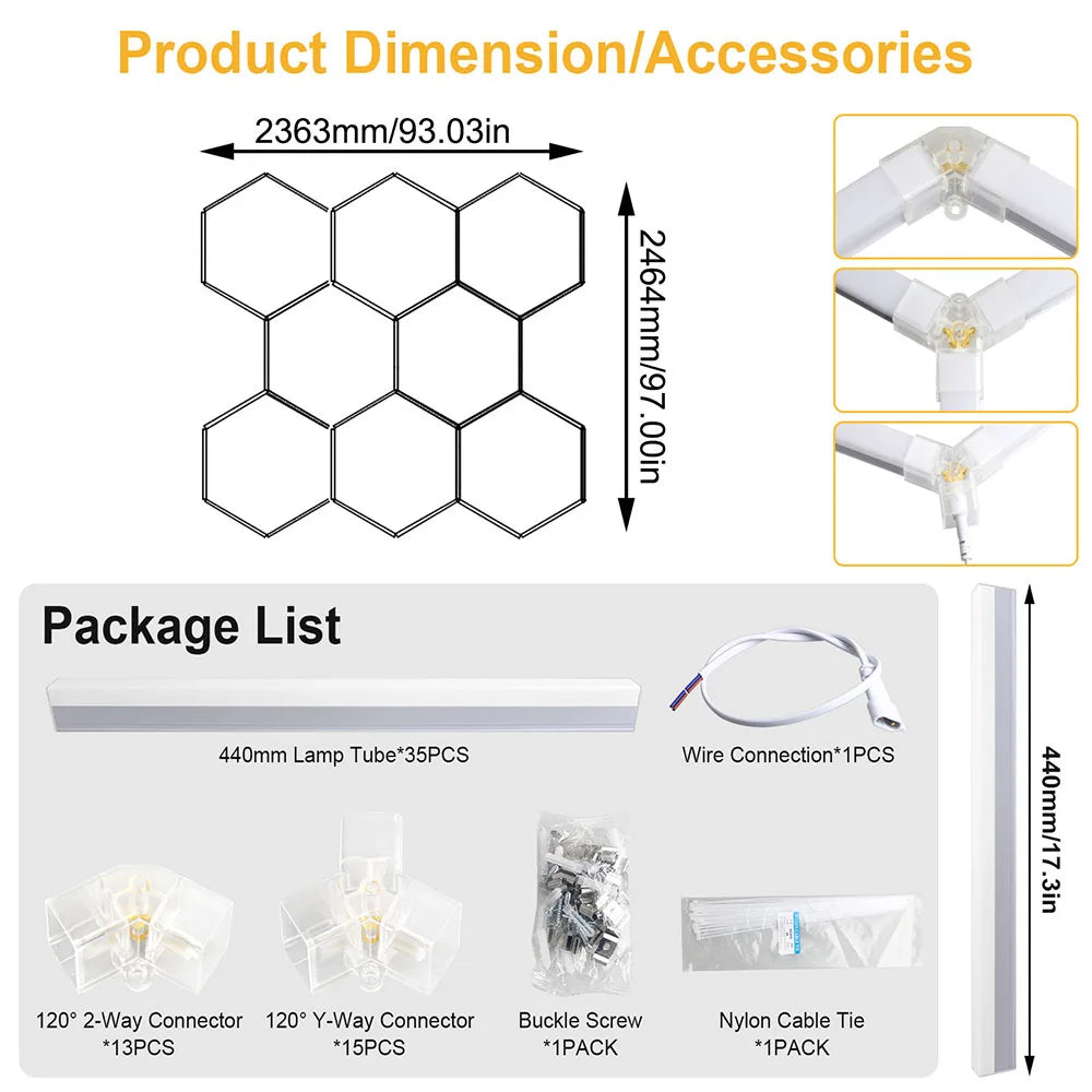 Garage honeycomb hexagonal LED white light super bright 6500K color temperature installed on the ceiling, suitable for garages