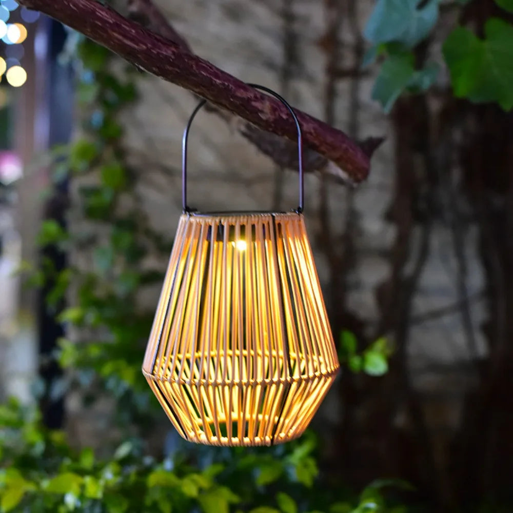 Waterproof Rattan Solar Lantern Solar Powered Bamboo Frame Bamboo Chandelier Lamp Standing/Hanging Weaving Lantern