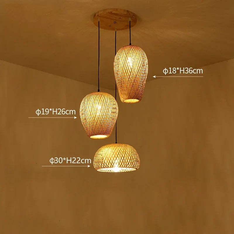 Japanese Chandelier Natural Bamboo Rattan Pendant Lights Handmade Weaving Hanging Lamps Wicker Shades E27 Lighting Suspension
