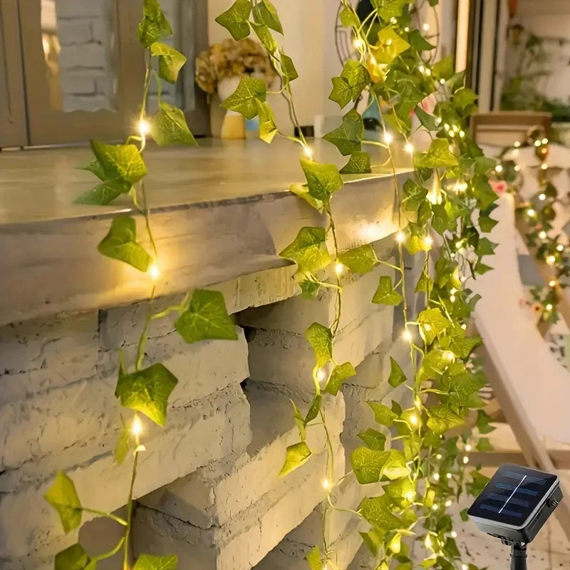 Solar LED Simulated Green Leaf Vine Copper Wire Light Courtyard Balcony Fence Wall Atmosphere Decoration IP44 Outdoor light