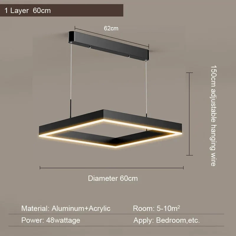 2026 LED Square Pendant Light For Dining Room Bedroom Living Room Home Loft Decor Modern Black Aluminum Hanging Lamp