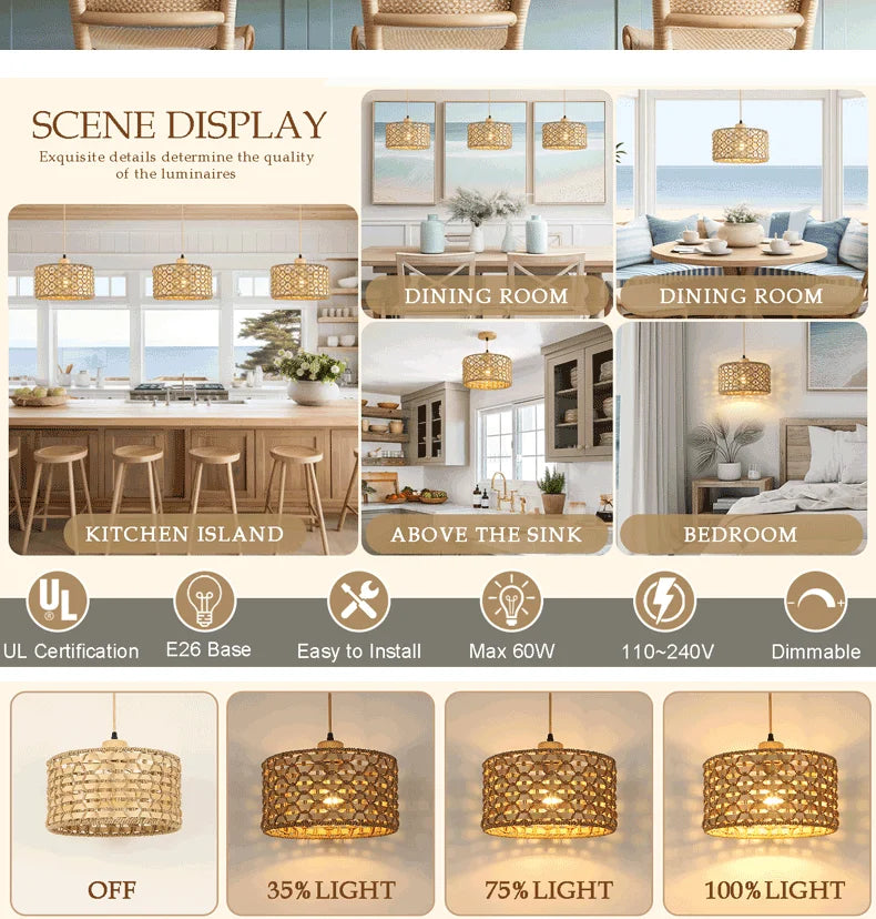 Wicker Rattan Pendant Lamp Teahouse Homestays Decorative Pastoral Retro Pendant Light Kitchen Corridor Bedroom Dining Chandelier