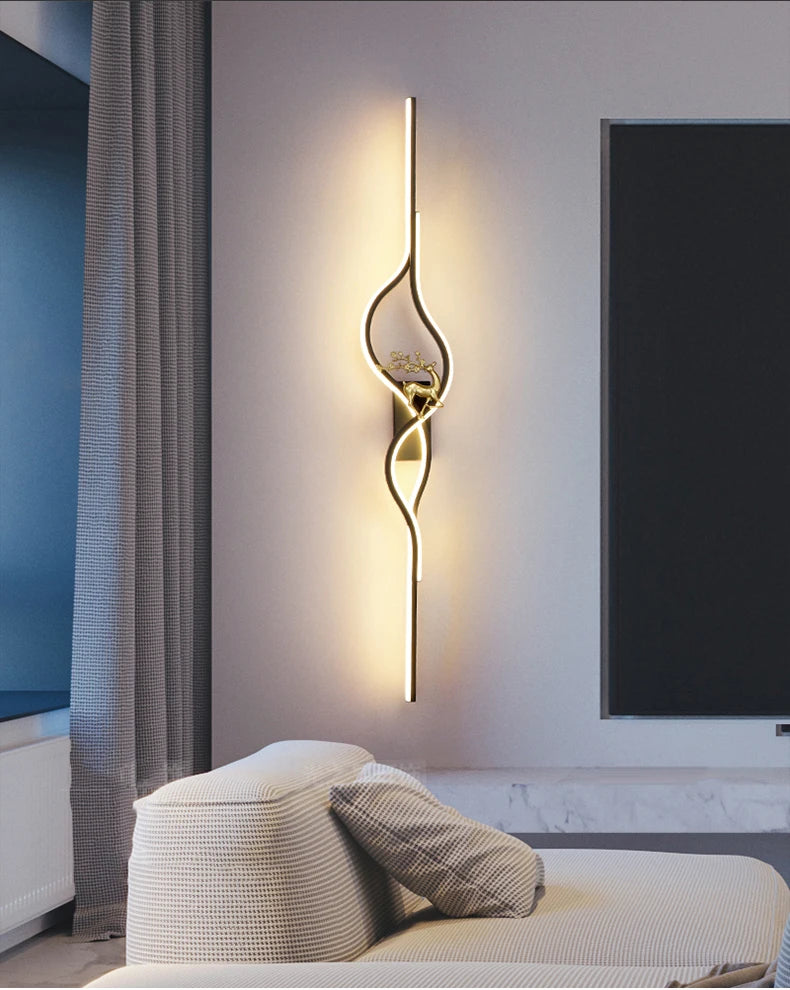 Modern Living Room Long Wall Lights with Anlter Design Gold Black TV Background Decorative Wall Lamp for Bedroom Remote Control