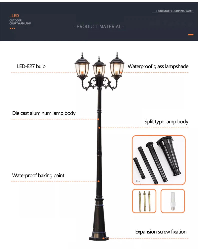Waterproof high LED retro outdoor landscape courtyard 3m European style outdoor lawn lamp villa household garden street lighting