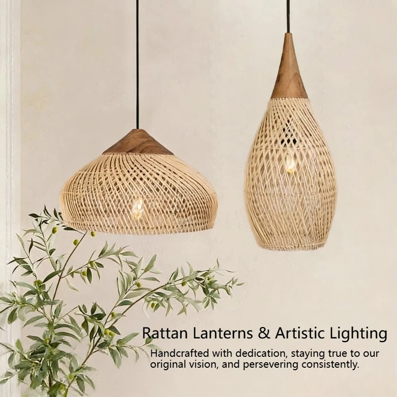 Japanese Wabi-Sabi Rattan Pendant Light - Hand-Woven E27 Boho Lamp for Restaurant Coffee Shop Dining Room Kitchen Island