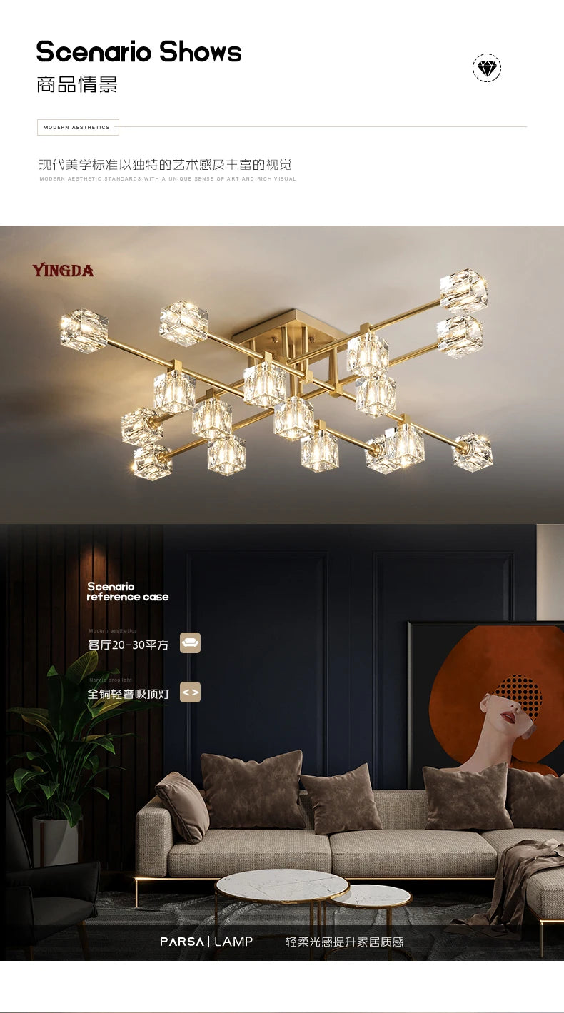 Light Luxury All Copper Living Room Ceiling Lamp, High-end Crystal Lamp, Creative Bedroom Lamp, Minimalist Dining Room Lamp