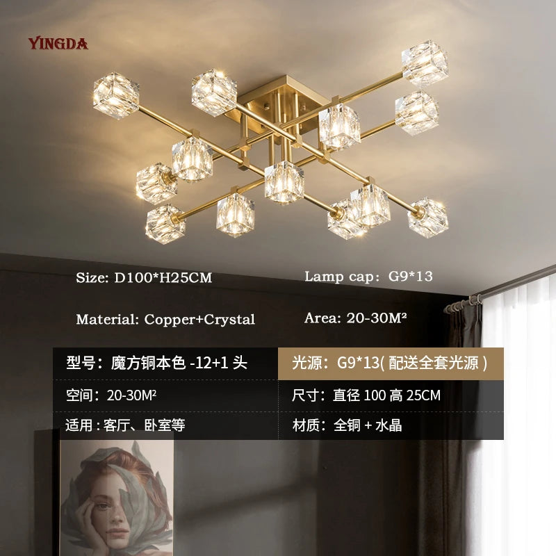Light Luxury All Copper Living Room Ceiling Lamp, High-end Crystal Lamp, Creative Bedroom Lamp, Minimalist Dining Room Lamp