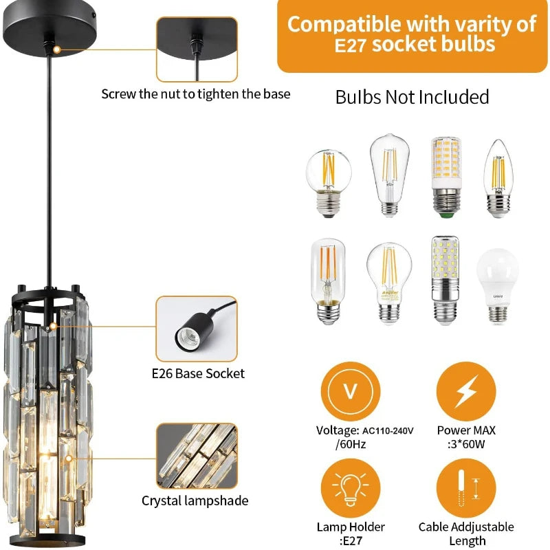 Crystal Pendant Lamp American Industrial-style Home Décor Lighting Fixtures for Kitchens, Dining Rooms, Parlor and Bedrooms