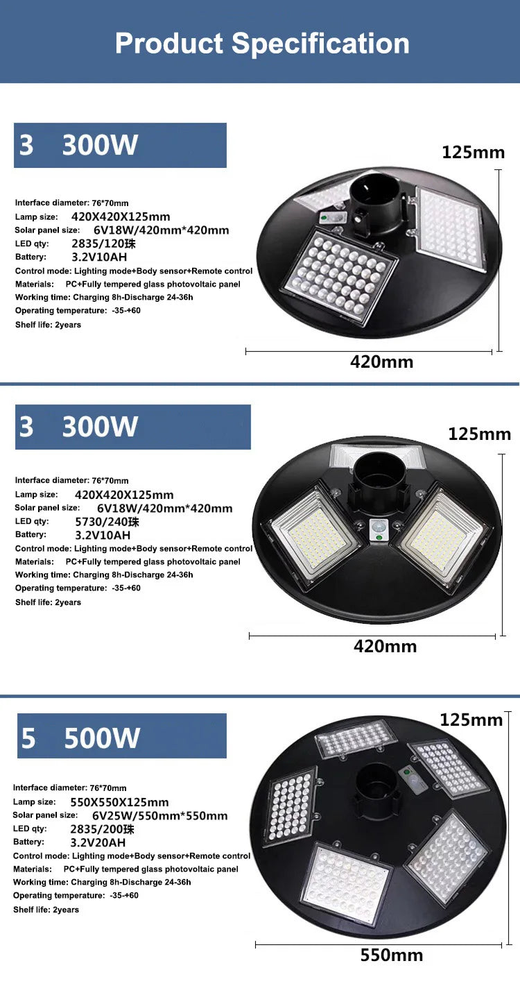 Solar Street Light 300W 400W 500W Waterproof Yard Lamp PIR Motion Sensor Garden Outdoor UFO Lighting with Remote