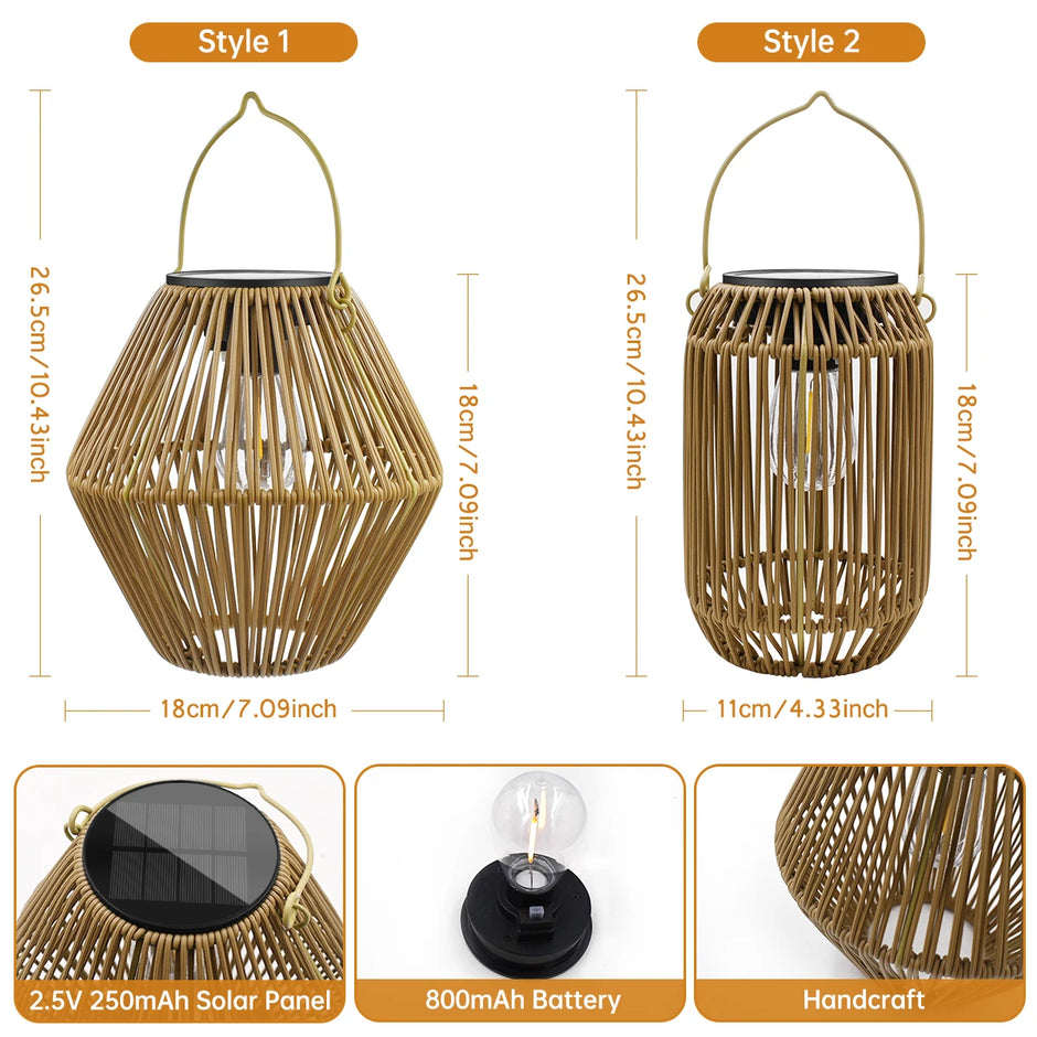 Outdoor Solar Rattan Lanterns, Waterproof Hanging Boho Solar Lights for Garden, Patio, Yard, Porch Decorative Lighting