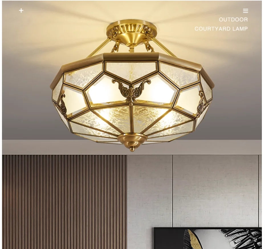 American-Style Semi-Flushed Ceiling Lamp D35cm H30cm De Copper Glass Balcony Bedroom Lamp Restaurant Balcony Study Ceiling Light