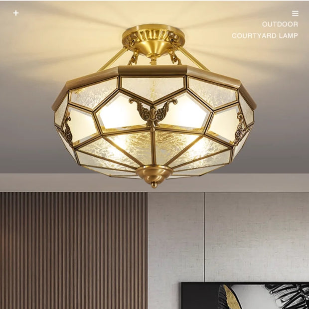 American-Style Semi-Flushed Ceiling Lamp D35cm H30cm De Copper Glass Balcony Bedroom Lamp Restaurant Balcony Study Ceiling Light