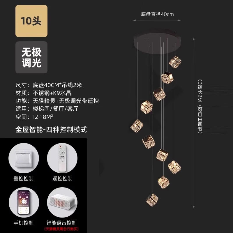 Stair chandelier long chandelier Rubik's cube creative personality light crystal lamp duplex villa loft apartment