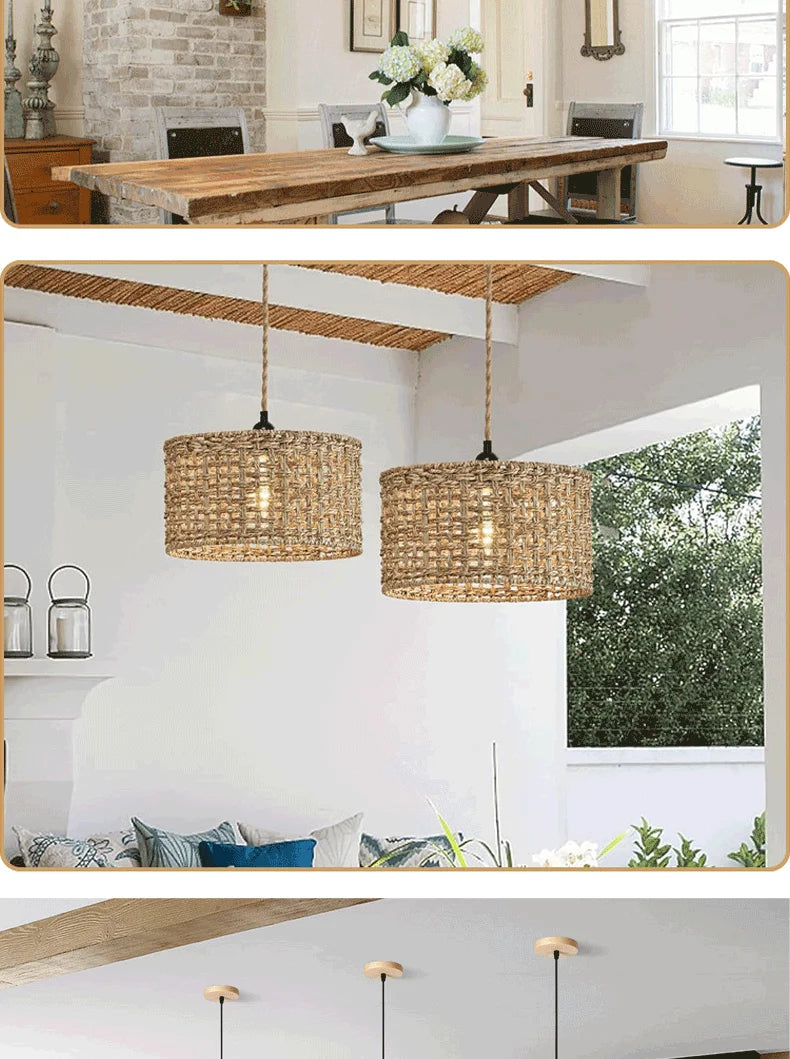 Wicker Rattan Pendant Lamp Teahouse Homestays Decorative Pastoral Retro Pendant Light Kitchen Corridor Bedroom Dining Chandelier