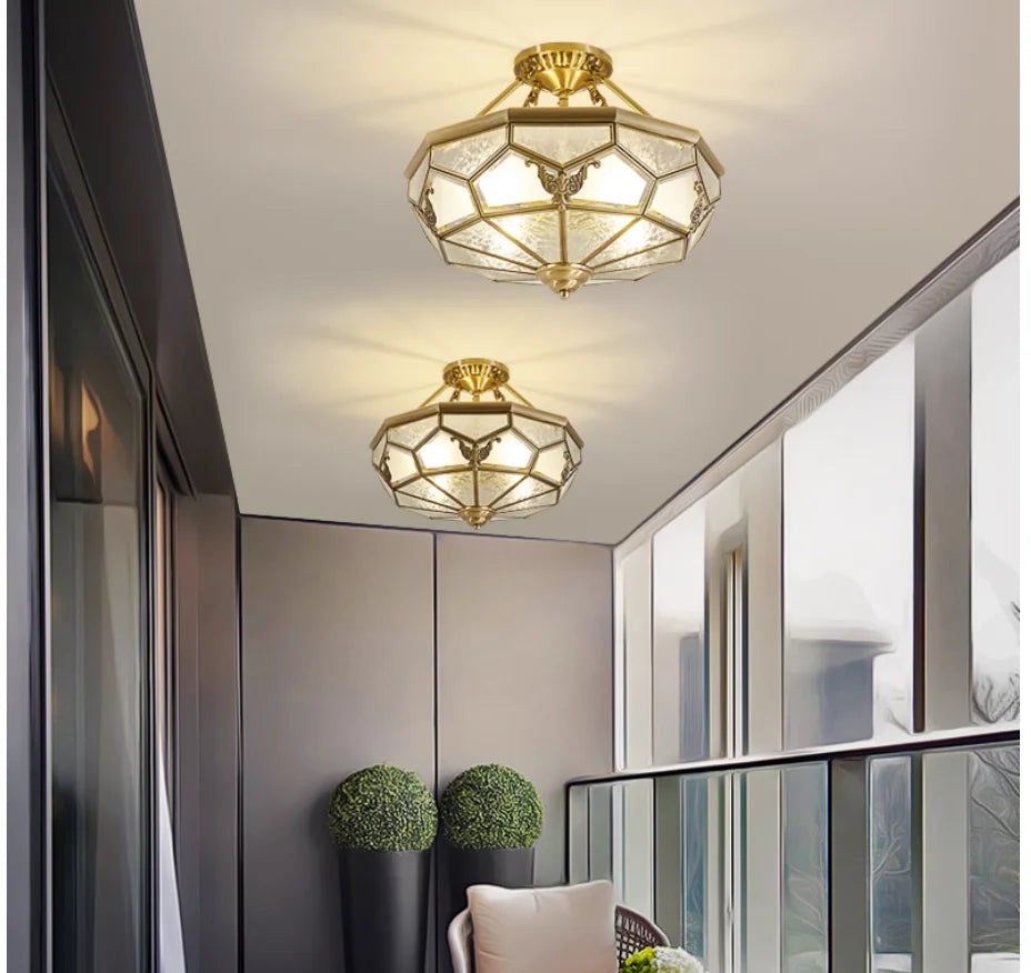 American-Style Semi-Flushed Ceiling Lamp D35cm H30cm De Copper Glass Balcony Bedroom Lamp Restaurant Balcony Study Ceiling Light