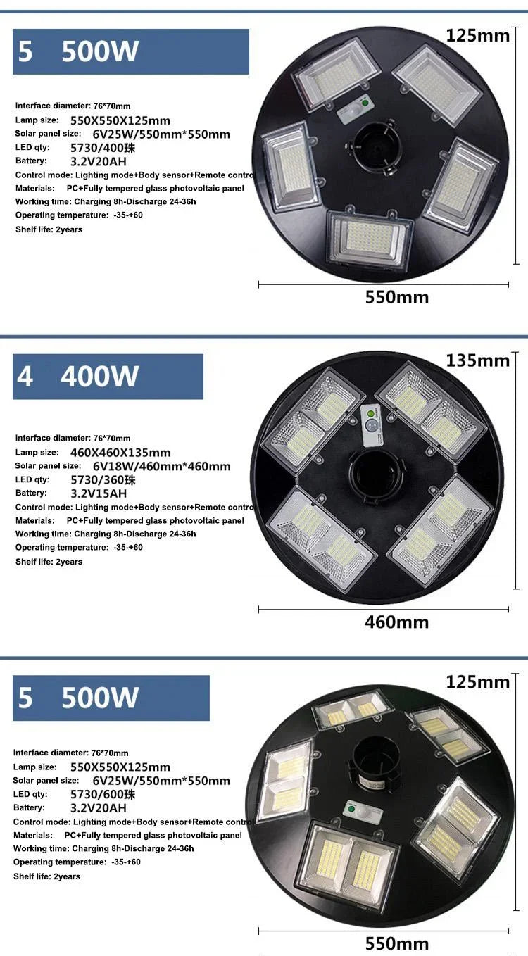 Solar Street Light 300W 400W 500W Waterproof Yard Lamp PIR Motion Sensor Garden Outdoor UFO Lighting with Remote