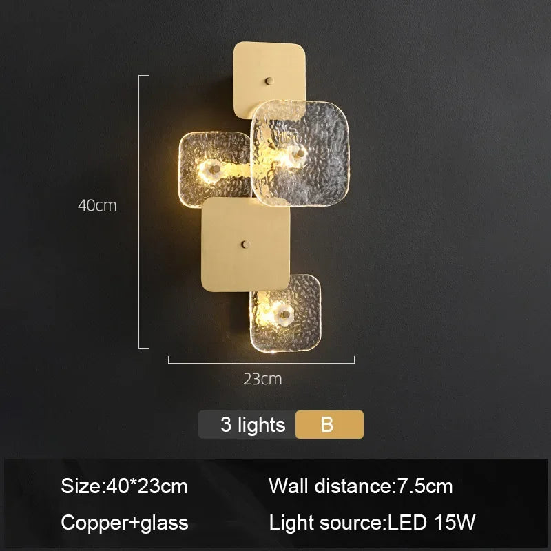 Postmodern Copper Crystal Square Wall Lamp Bedroom Bedside Hotel Villa Indoor Lighting Living Room Background Dector