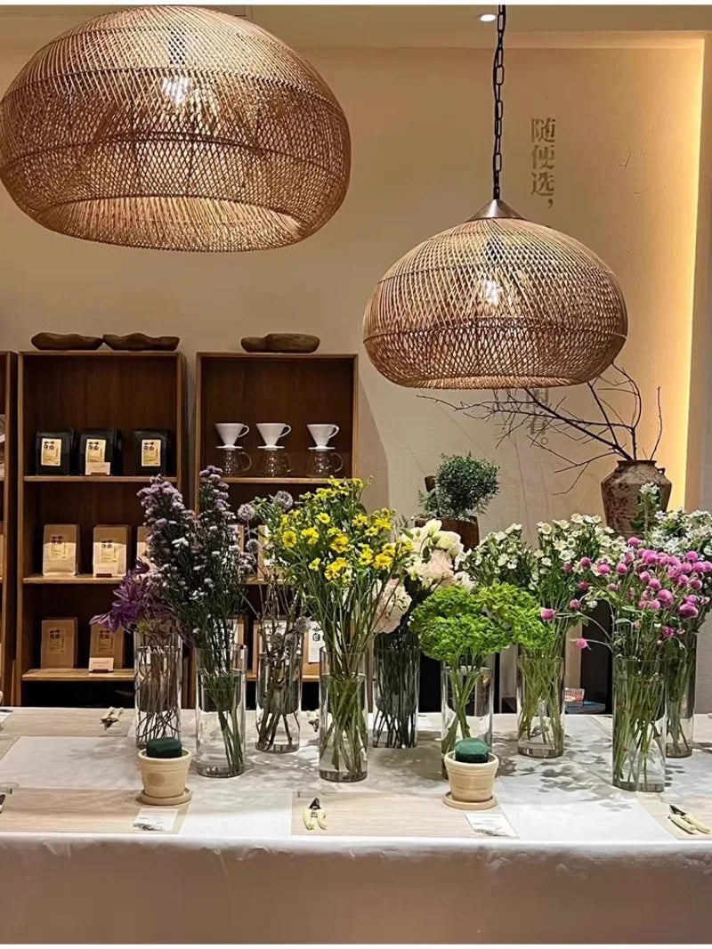 Japanese Wabi-Sabi Rattan Pendant Light - Hand-Woven E27 Boho Lamp for Restaurant Coffee Shop Dining Room Kitchen Island