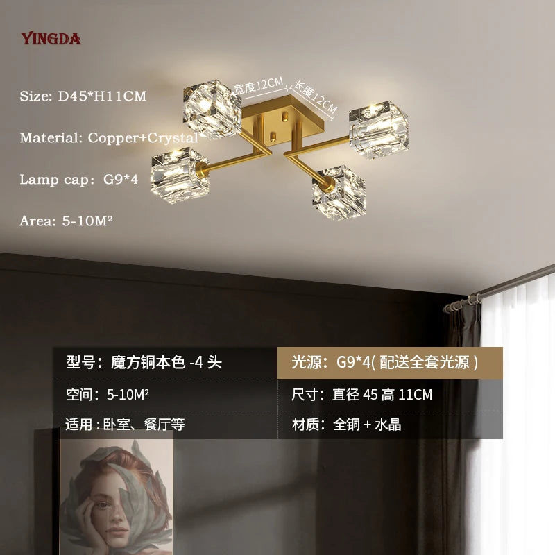 Light Luxury All Copper Living Room Ceiling Lamp, High-end Crystal Lamp, Creative Bedroom Lamp, Minimalist Dining Room Lamp