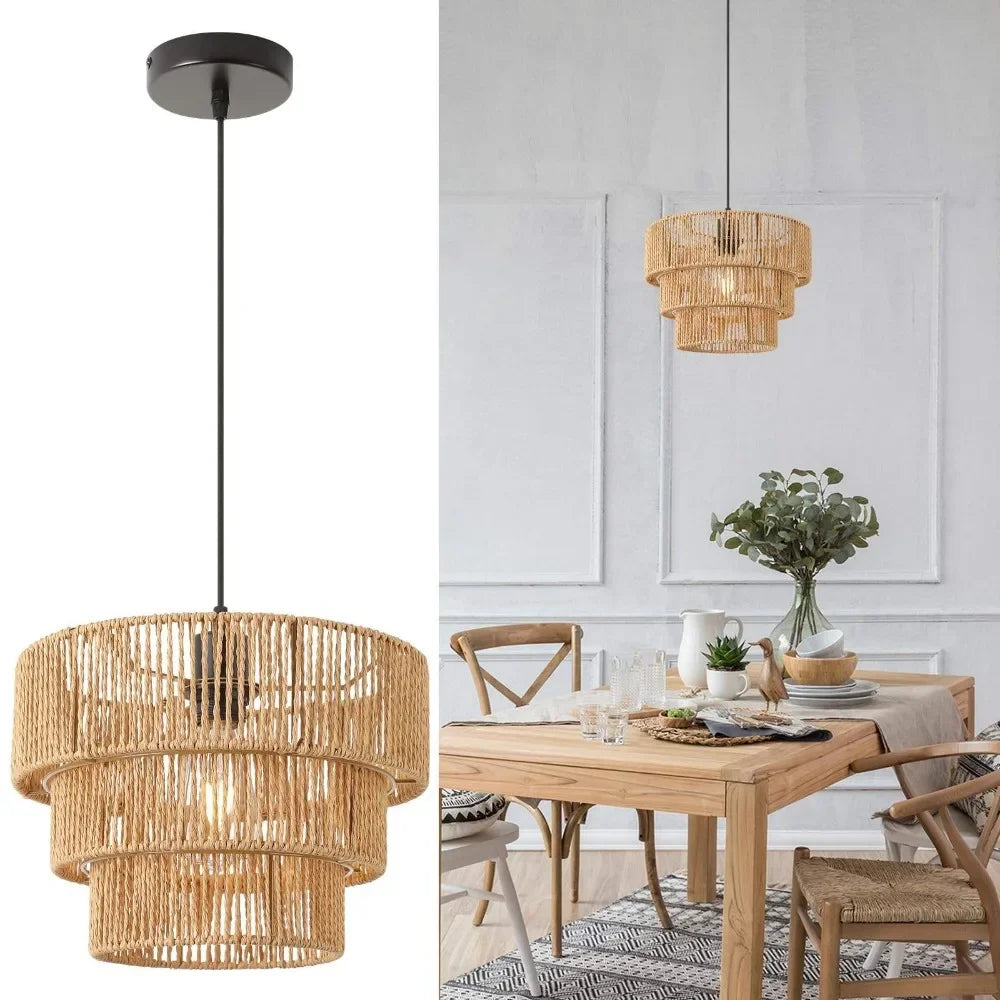 Handmade Natural Hemp Rope Chandelier Lamp Household Wood Woven Light for Homestay Cafe Bar Hotel Teahouse Indoor Decor Light