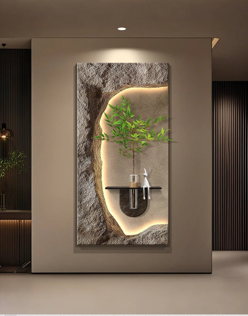 2024 Hydroponic green decorative painting background cream senior living room hanging painting sandstone new LED lights