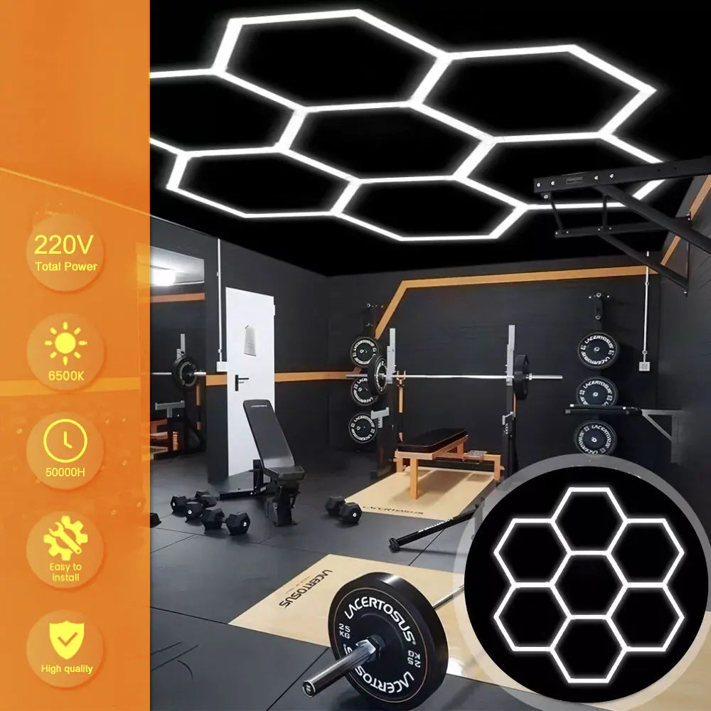 Garage honeycomb hexagonal LED white light super bright 6500K color temperature installed on the ceiling, suitable for garages