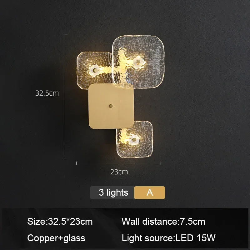 Postmodern Copper Crystal Square Wall Lamp Bedroom Bedside Hotel Villa Indoor Lighting Living Room Background Dector
