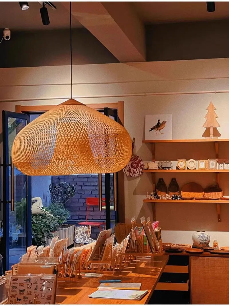 Japanese Wabi-Sabi Rattan Pendant Light - Hand-Woven E27 Boho Lamp for Restaurant Coffee Shop Dining Room Kitchen Island