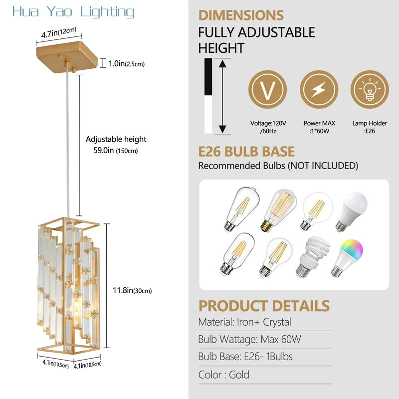 Modern Crystal Pendant Light - 3 Pack, Adjustable Hanging Ceiling Lamp with Crystal Prism Design -Golden Finish