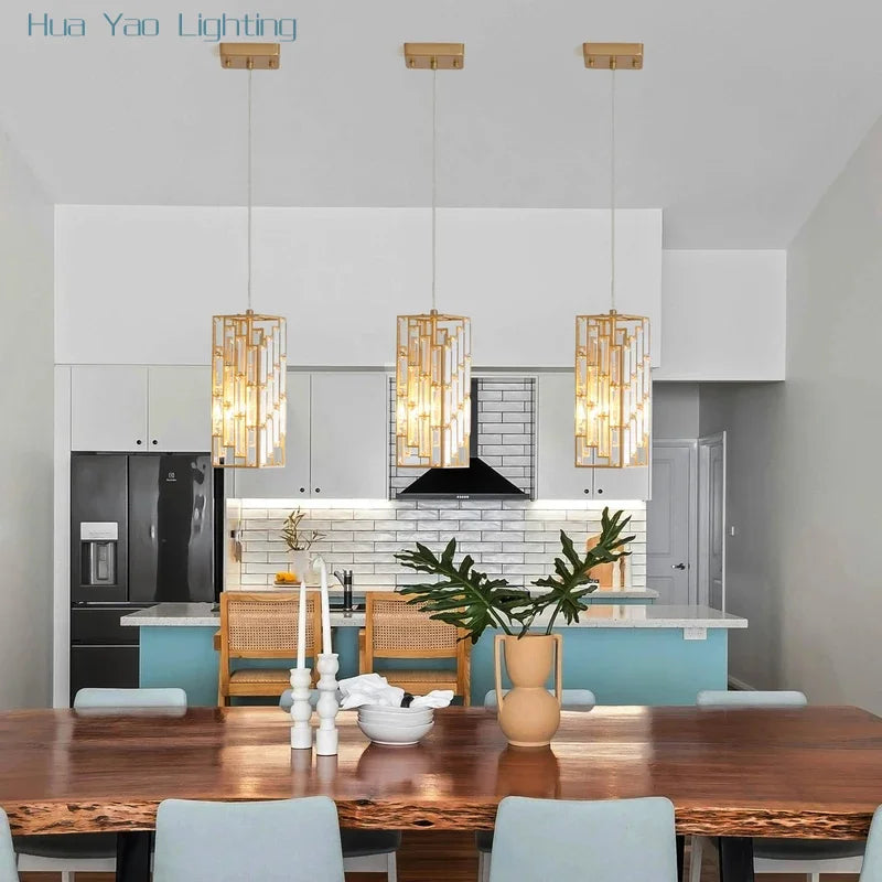 Modern Crystal Pendant Light - 3 Pack, Adjustable Hanging Ceiling Lamp with Crystal Prism Design -Golden Finish