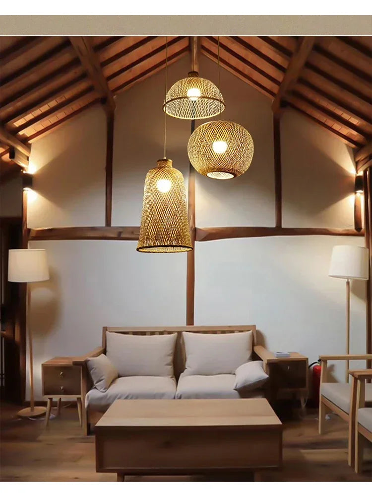 Japanese Chandelier Natural Bamboo Rattan Pendant Lights Handmade Weaving Hanging Lamps Wicker Shades E27 Lighting Suspension