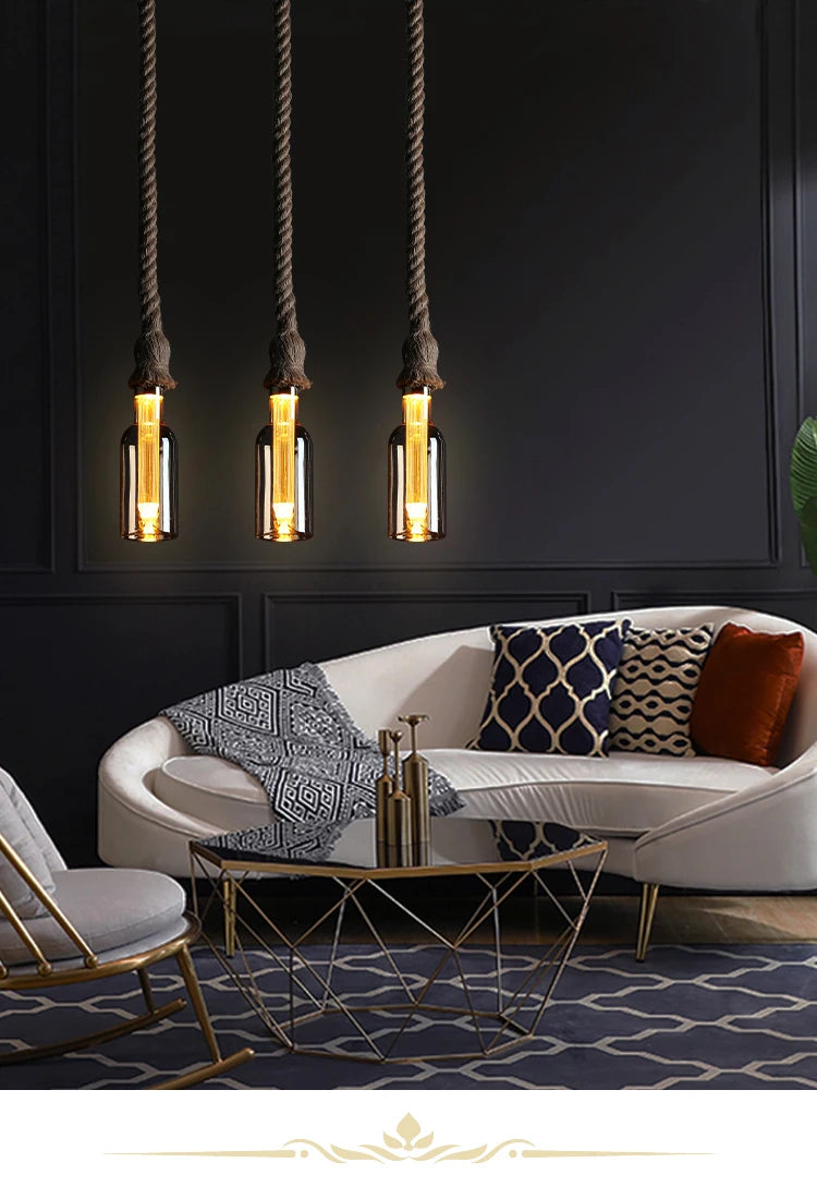Retro Rustic Hanging Light for Bar Restaurant Decoration Hemp Rope Pendant Light E27 Bulb Glass Lampshade