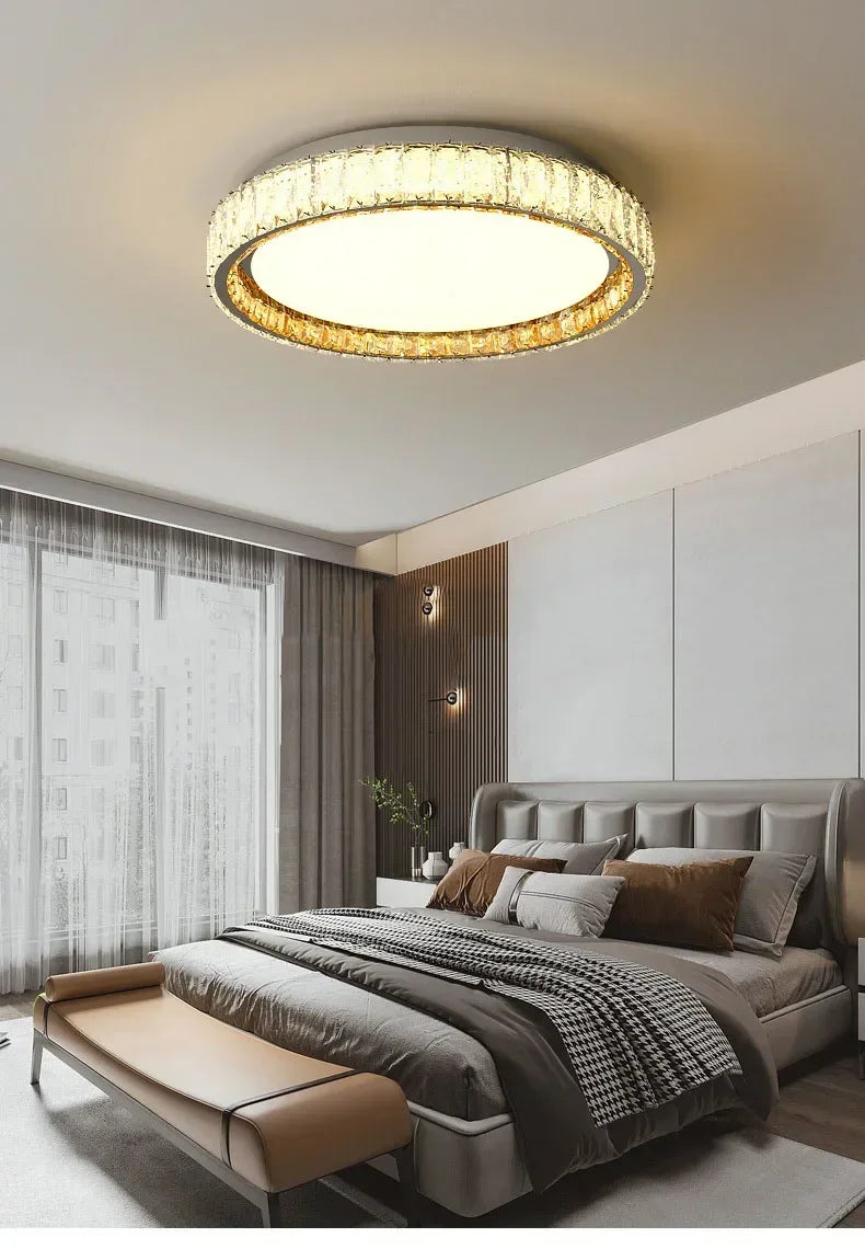 ‌Modern Luxury Dimmable Crystal Ceiling Light K9 Crystals Golden Ring Chandelier for Bedroom Living Room Dining Room LED Fixture