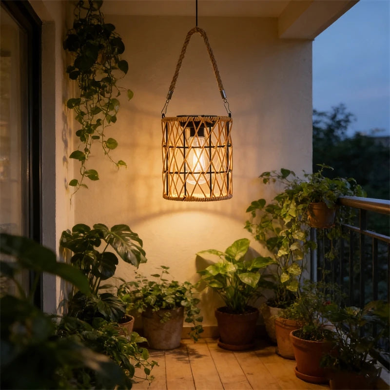 Solar Iron Rattan Outdoor Hanging Lamp Bamboo Pendant Light Warm Ambient Night Glow Garden Patio Balcony Home For Couples