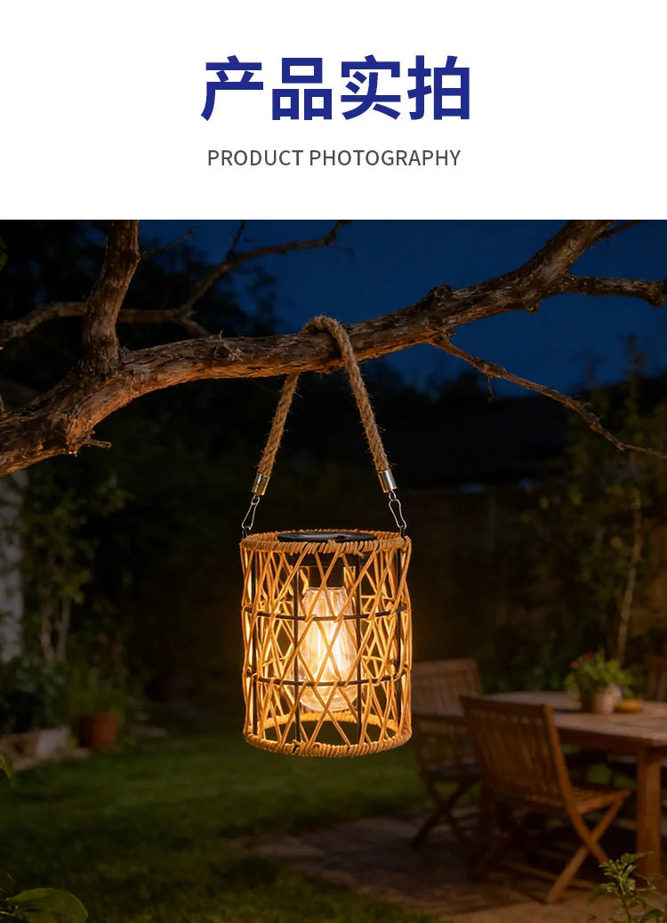 Solar Iron Rattan Outdoor Hanging Lamp Bamboo Pendant Light Warm Ambient Night Glow Garden Patio Balcony Home For Couples