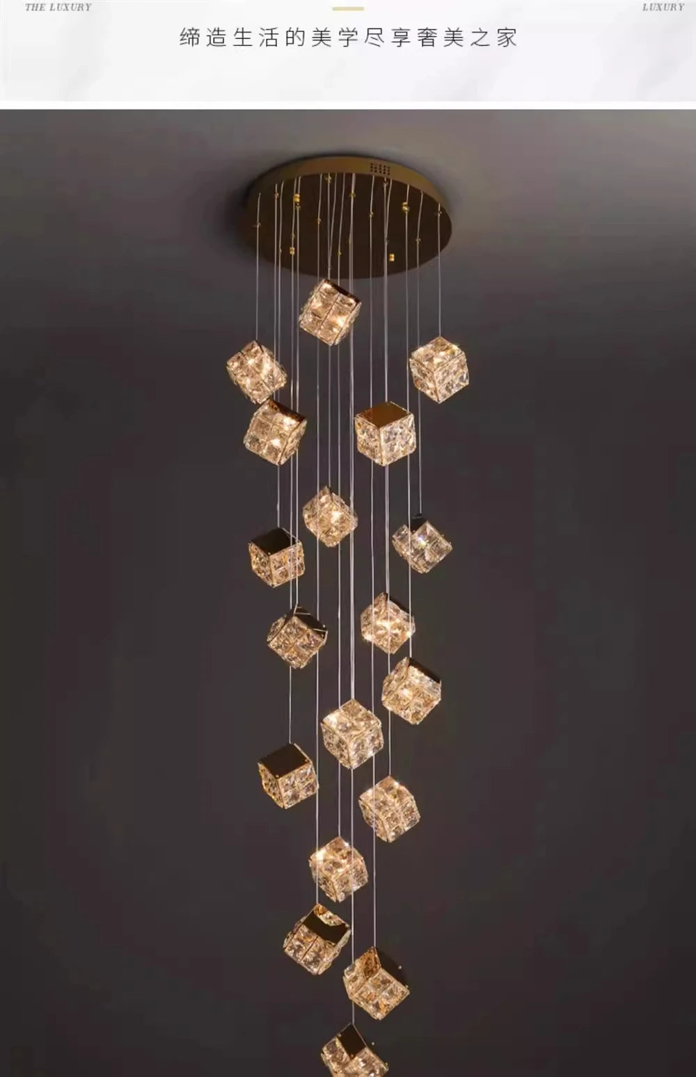 Stair chandelier long chandelier Rubik's cube creative personality light crystal lamp duplex villa loft apartment