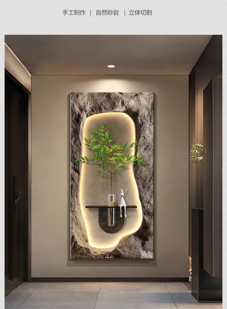2024 Hydroponic green decorative painting background cream senior living room hanging painting sandstone new LED lights
