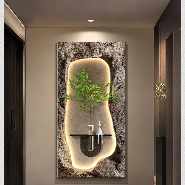 2024 Hydroponic green decorative painting background cream senior living room hanging painting sandstone new LED lights