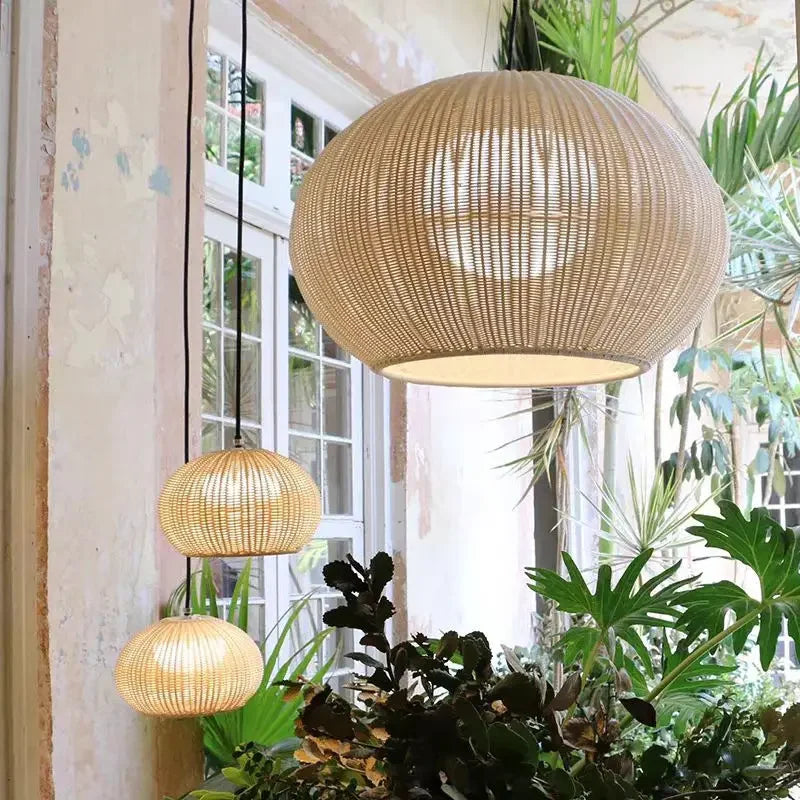 Outdoor Japanese Waterproof Rattan Villa Courtyard Hanging Lamp Garden Dining Room Woven Pendant Light Living Room Home Decor
