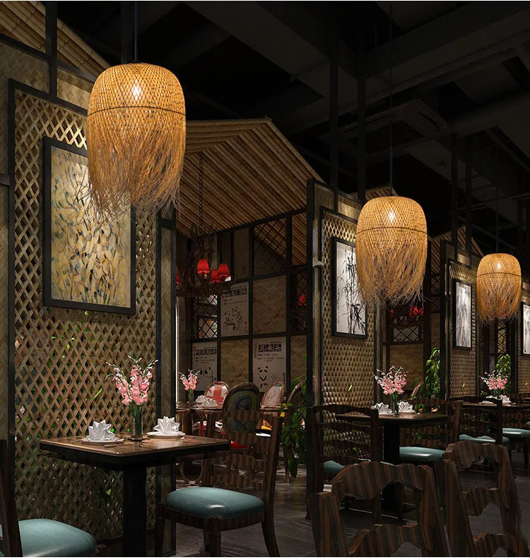 Southeast Asian Individuality Hand Woven Bamboo Chandelier Chinese Lamps Tea Room Restaurant Hotel Artistic Modeling Lampshade