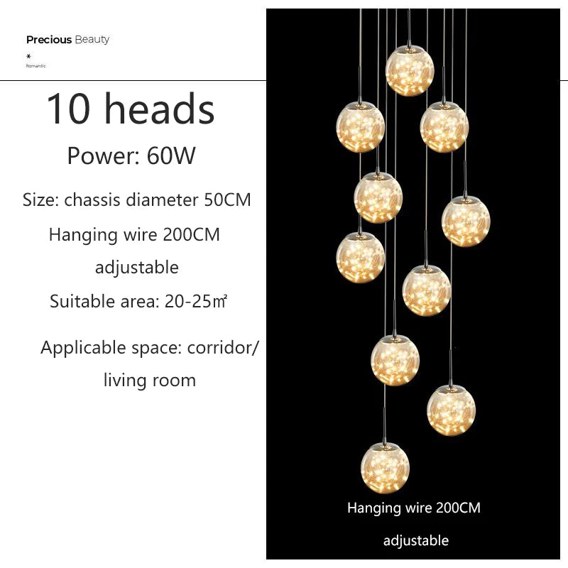 Modern LED Glass Ball Dimmable Chandelier Staircase Lustre Living Room Chandelier Lustre Home Decoration Ceiling Chandelier