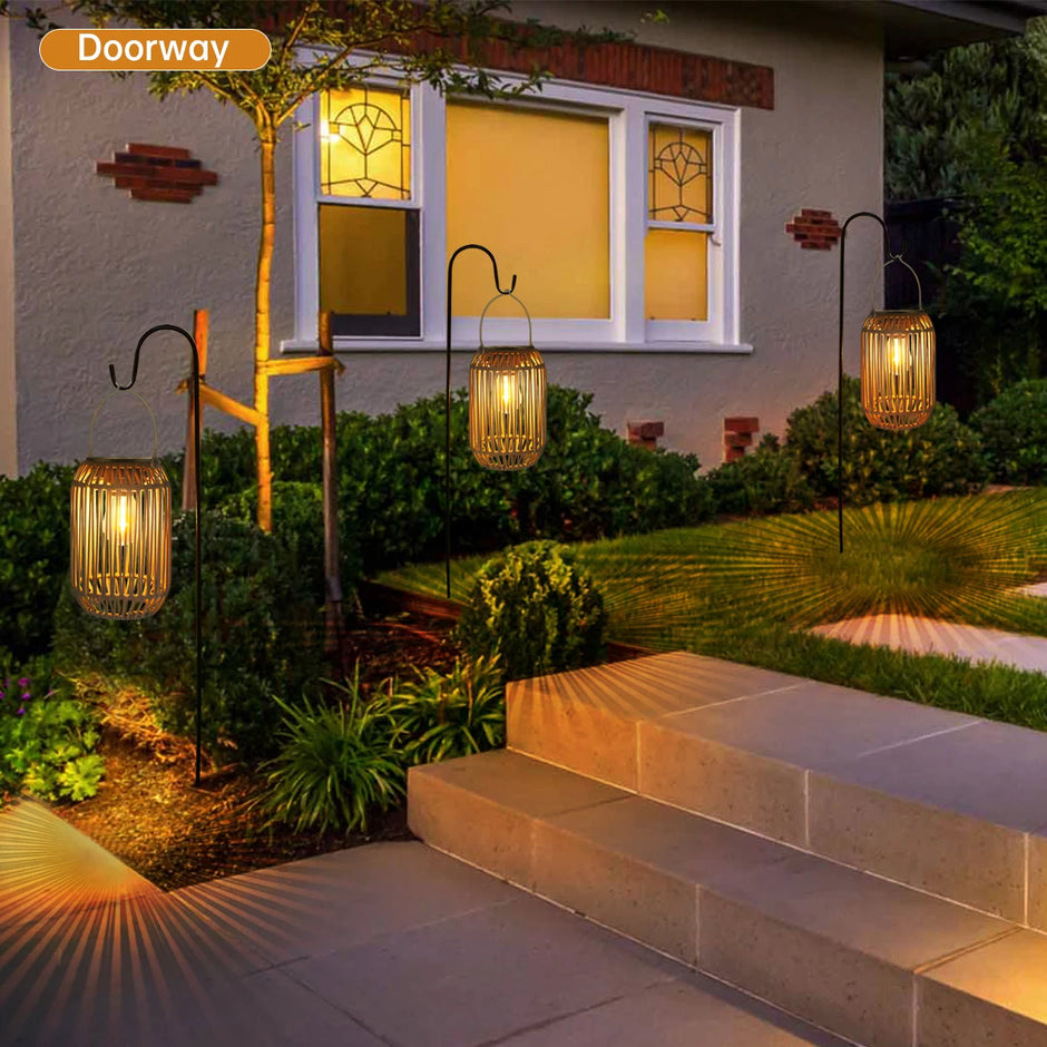 Outdoor Solar Rattan Lanterns, Waterproof Hanging Boho Solar Lights for Garden, Patio, Yard, Porch Decorative Lighting
