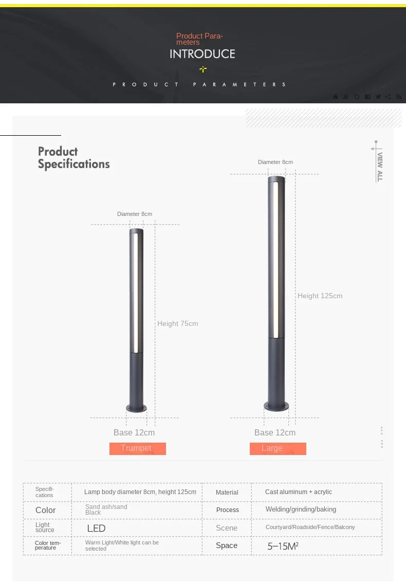Home garden street lamp, road body with AC power supply, for landscape floodlighting