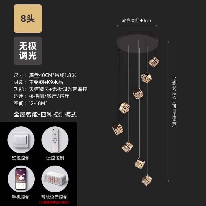 Stair chandelier long chandelier Rubik's cube creative personality light crystal lamp duplex villa loft apartment