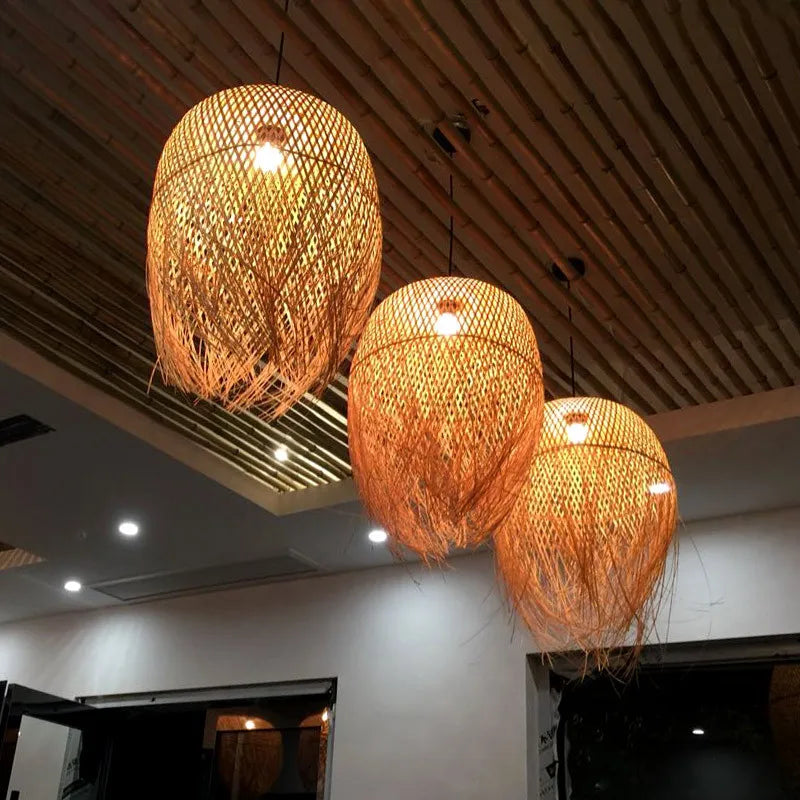 Southeast Asian Individuality Hand Woven Bamboo Chandelier Chinese Lamps Tea Room Restaurant Hotel Artistic Modeling Lampshade