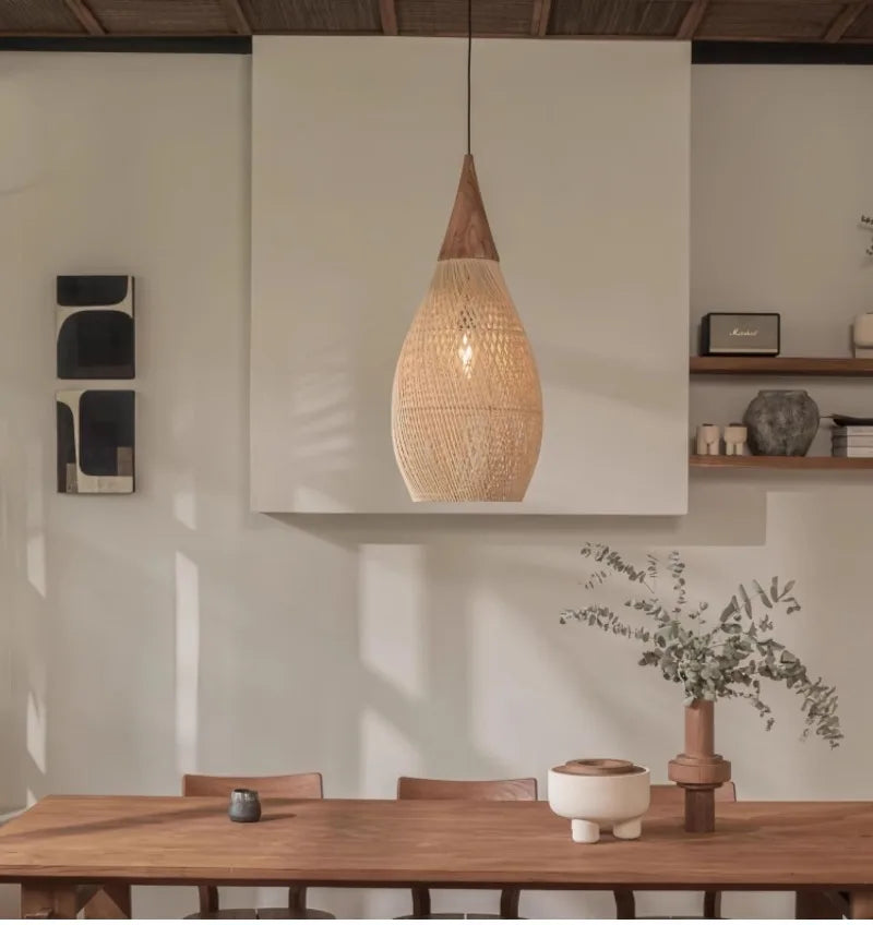 Japanese Wabi-Sabi Rattan Pendant Light - Hand-Woven E27 Boho Lamp for Restaurant Coffee Shop Dining Room Kitchen Island