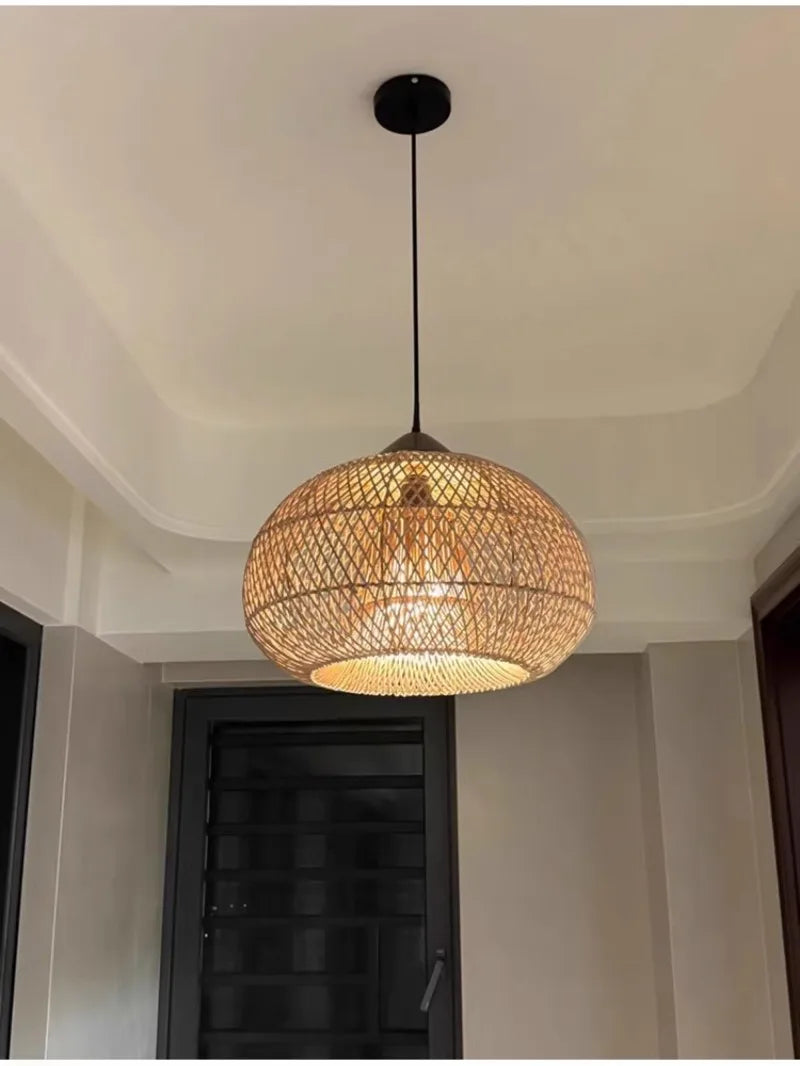 Japanese Wabi-Sabi Rattan Pendant Light - Hand-Woven E27 Boho Lamp for Restaurant Coffee Shop Dining Room Kitchen Island