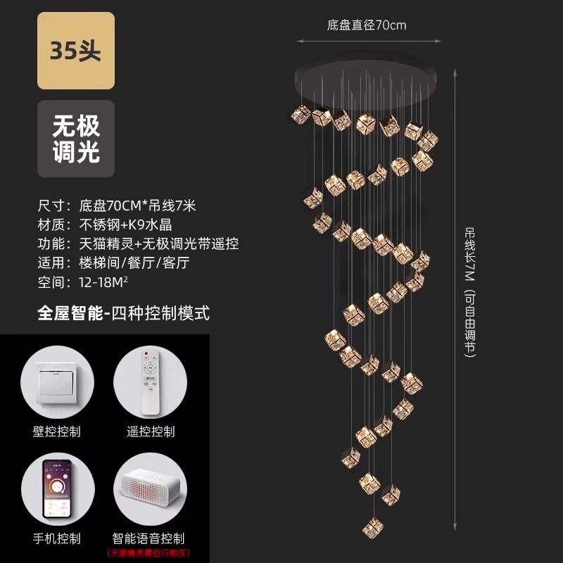 Stair chandelier long chandelier Rubik's cube creative personality light crystal lamp duplex villa loft apartment