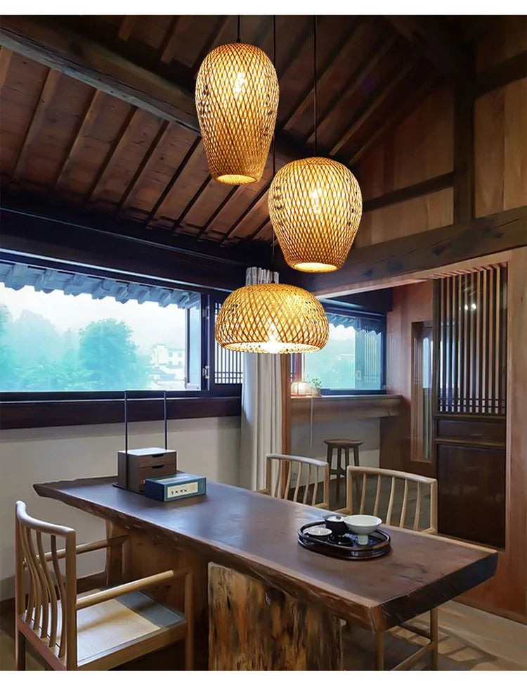Japanese Chandelier Natural Bamboo Rattan Pendant Lights Handmade Weaving Hanging Lamps Wicker Shades E27 Lighting Suspension