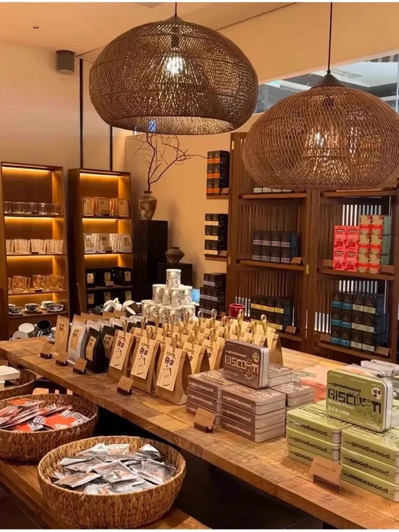 Japanese Wabi-Sabi Rattan Pendant Light - Hand-Woven E27 Boho Lamp for Restaurant Coffee Shop Dining Room Kitchen Island